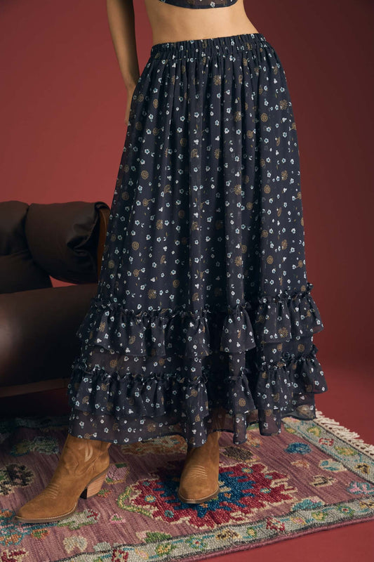 Midnight Meadow dark floral ruffle midi skirt with elastic waist