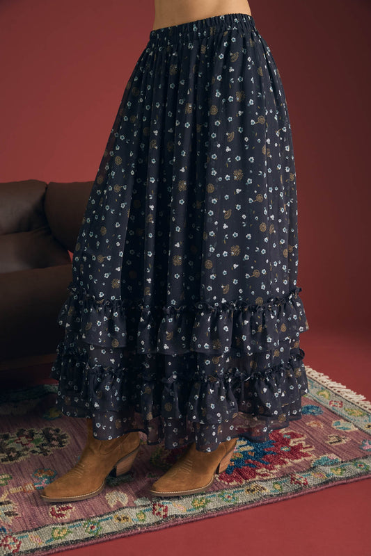 Women’s dark floral tiered midi skirt with ruffle hem