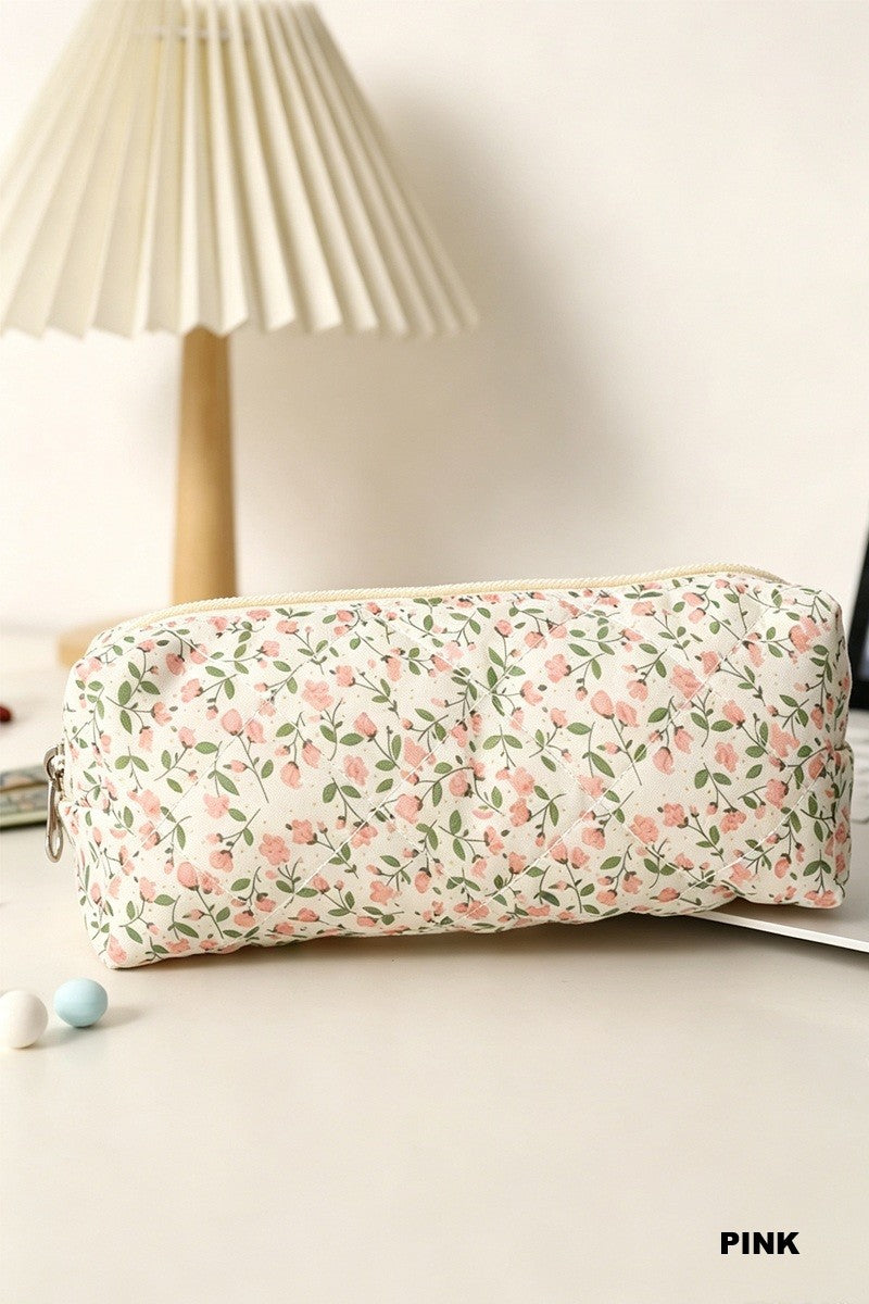 Blush Meadow compact quilted makeup bag and pencil case with a delicate pink floral print and zipper closure