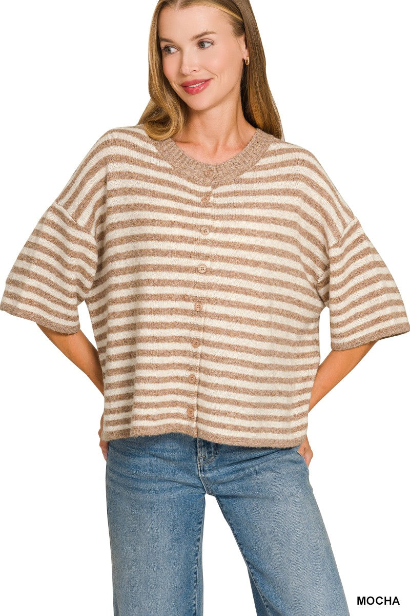 Front view of the Caroline women’s Oatmeal Mocha striped wool-blend short-sleeve cardigan