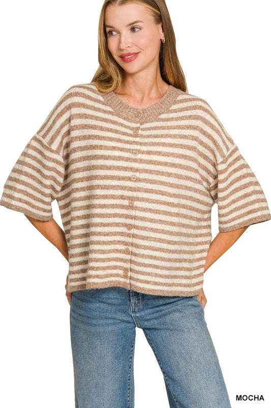 Front view of the Caroline women’s Oatmeal Mocha striped wool-blend short-sleeve cardigan