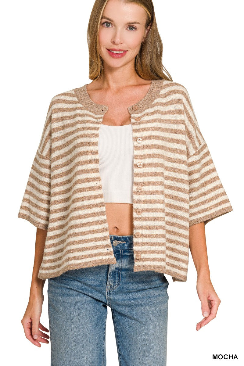 The Caroline Oatmeal Mocha button-front cardigan styled open over a cream tank