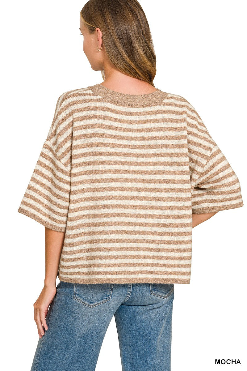 Back view of the Caroline relaxed-fit Oatmeal Mocha striped cardigan