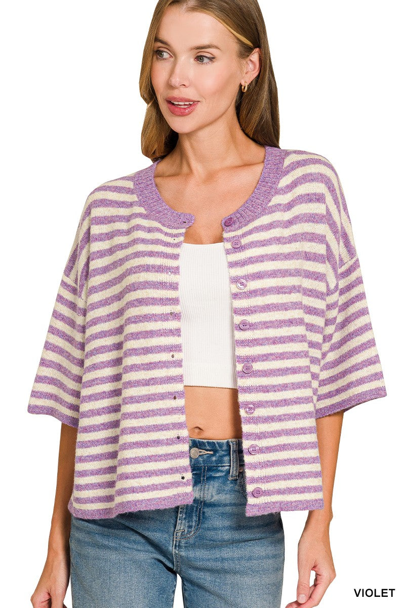 The Caroline Soft Violet striped wool-blend cardigan styled open with denim