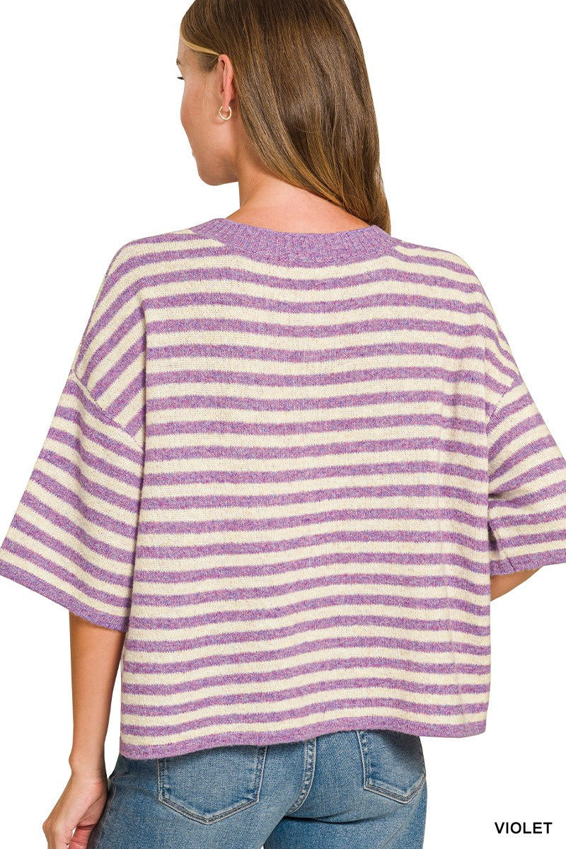Back view of the Caroline relaxed-fit Soft Violet and ivory striped cardigan sweater