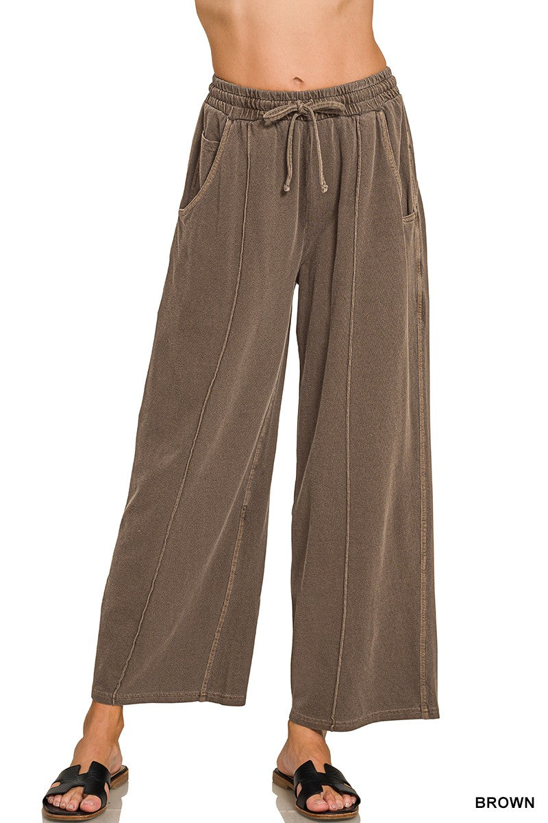 Front view of the Maren women’s Washed Brown French terry wide-leg pants with pintuck seams, side pockets, and a drawstring waistband