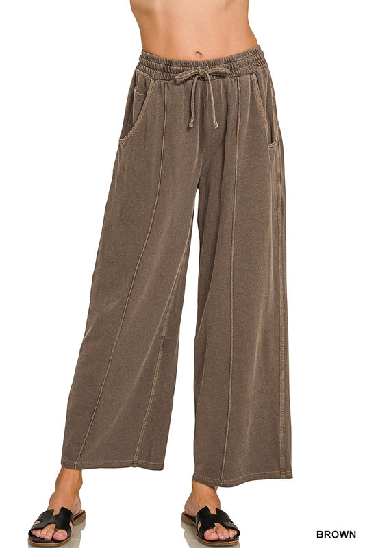 Front view of the Maren women’s Washed Brown French terry wide-leg pants with pintuck seams, side pockets, and a drawstring waistband