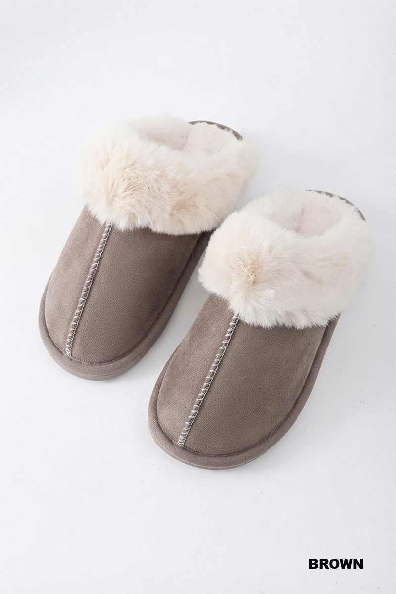 Cozy Haven Faux Fur Microsuede Slippers – Brown