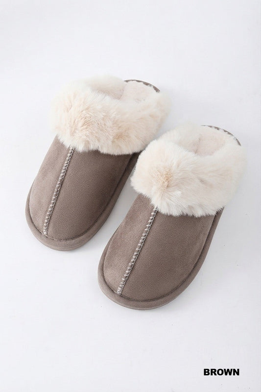 Cozy Haven Faux Fur Microsuede Slippers – Brown