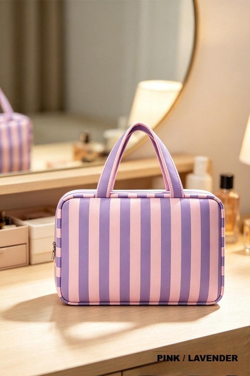 Pink and lavender striped hanging cosmetic and toiletry bag