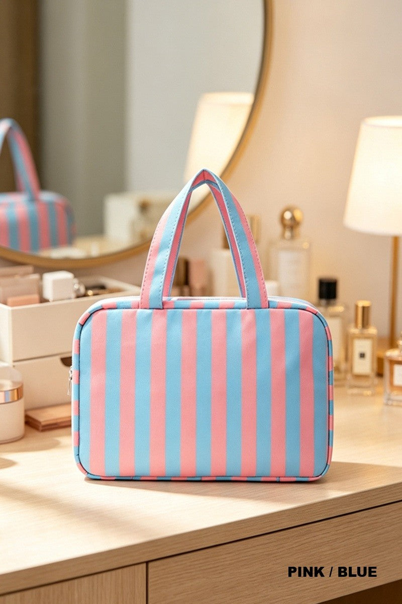 Pink and blue striped four-layer hanging toiletry bag