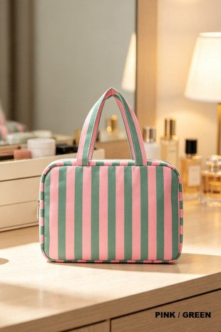 Pink and green striped foldable travel toiletry organizer