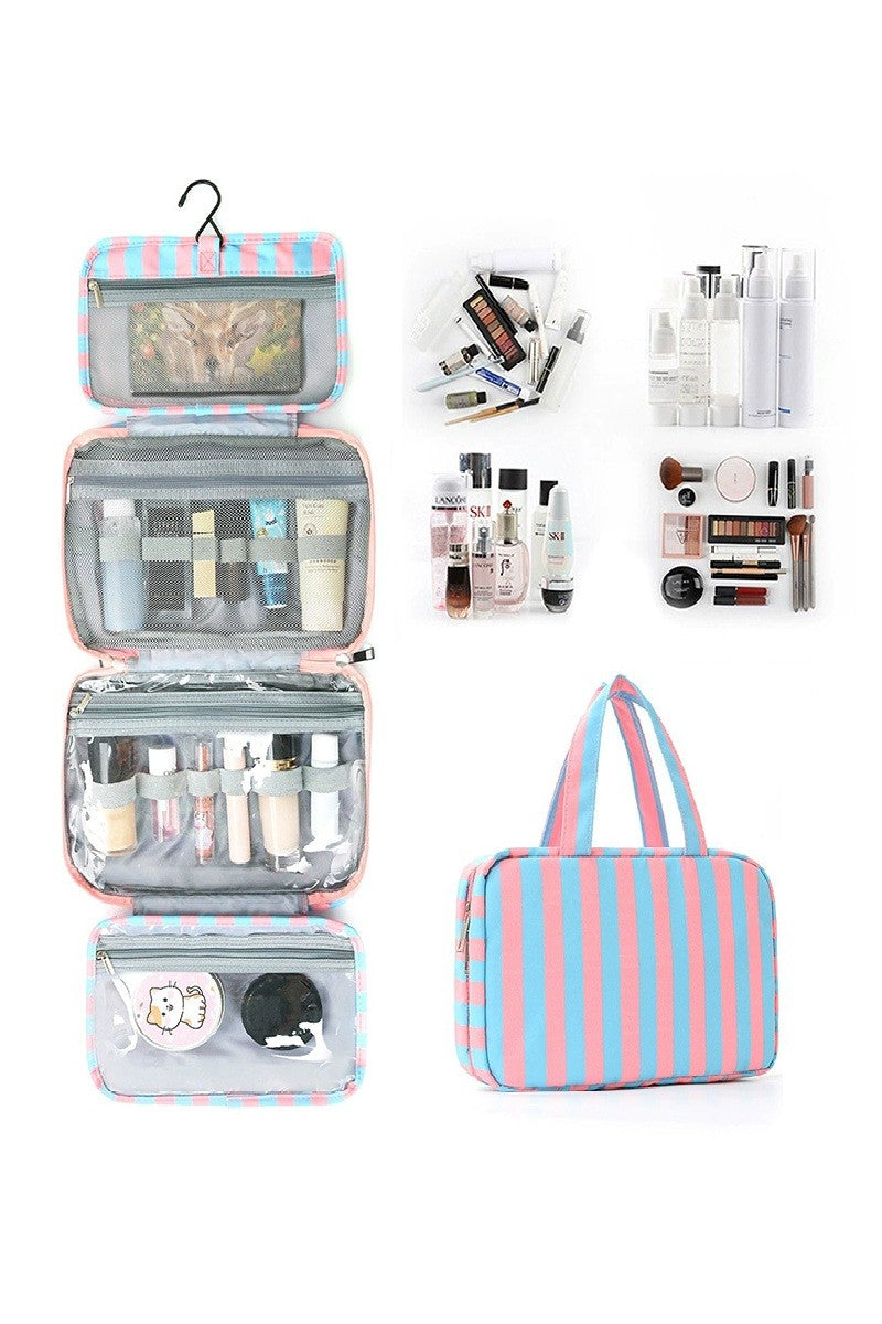 Open Pink/Blue travel toiletry bag with mesh and clear PVC compartments