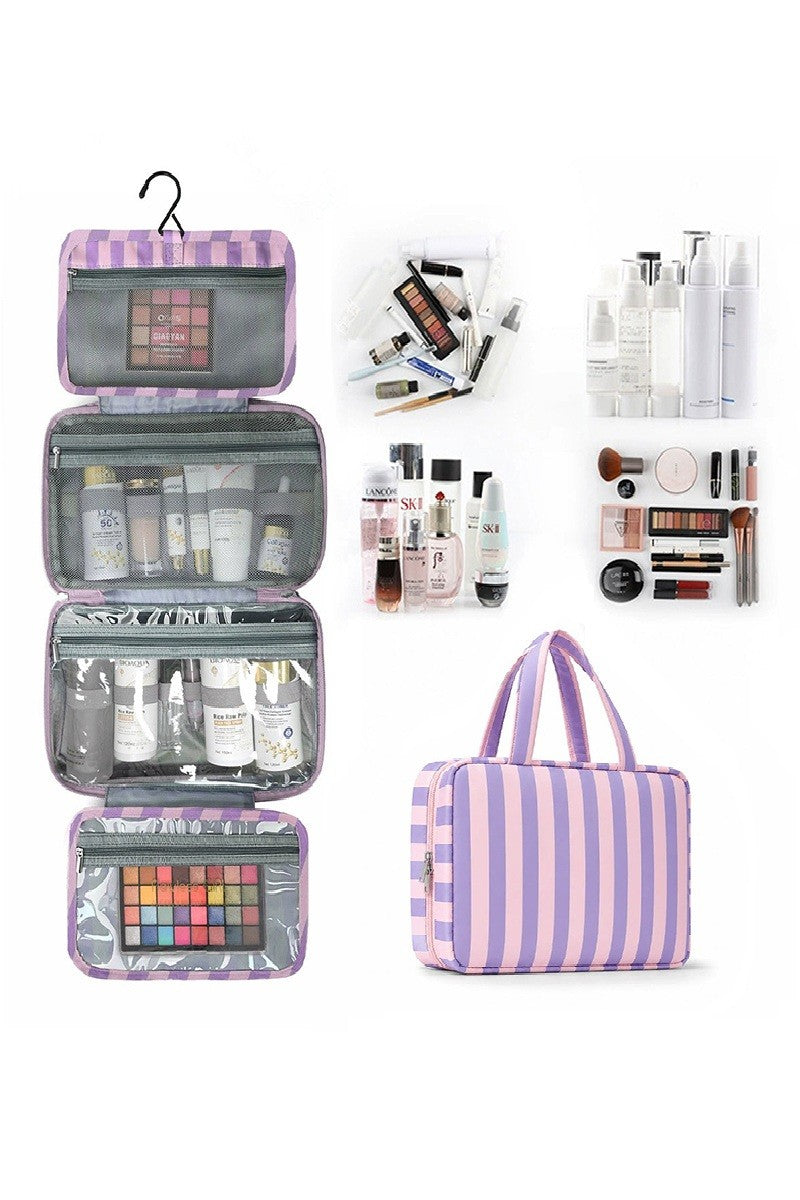 Open Pink/Lavender toiletry bag showing four foldable storage compartments and hanging hook