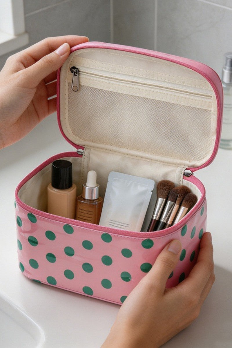 Open pink and green polka dot cosmetic bag with makeup, brushes, and interior mesh pocket