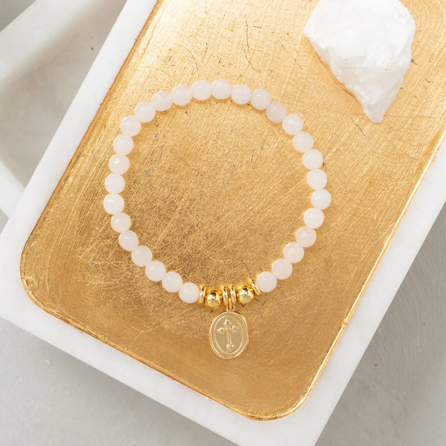 Oval Cross Charm Stretch Stone Bracelet