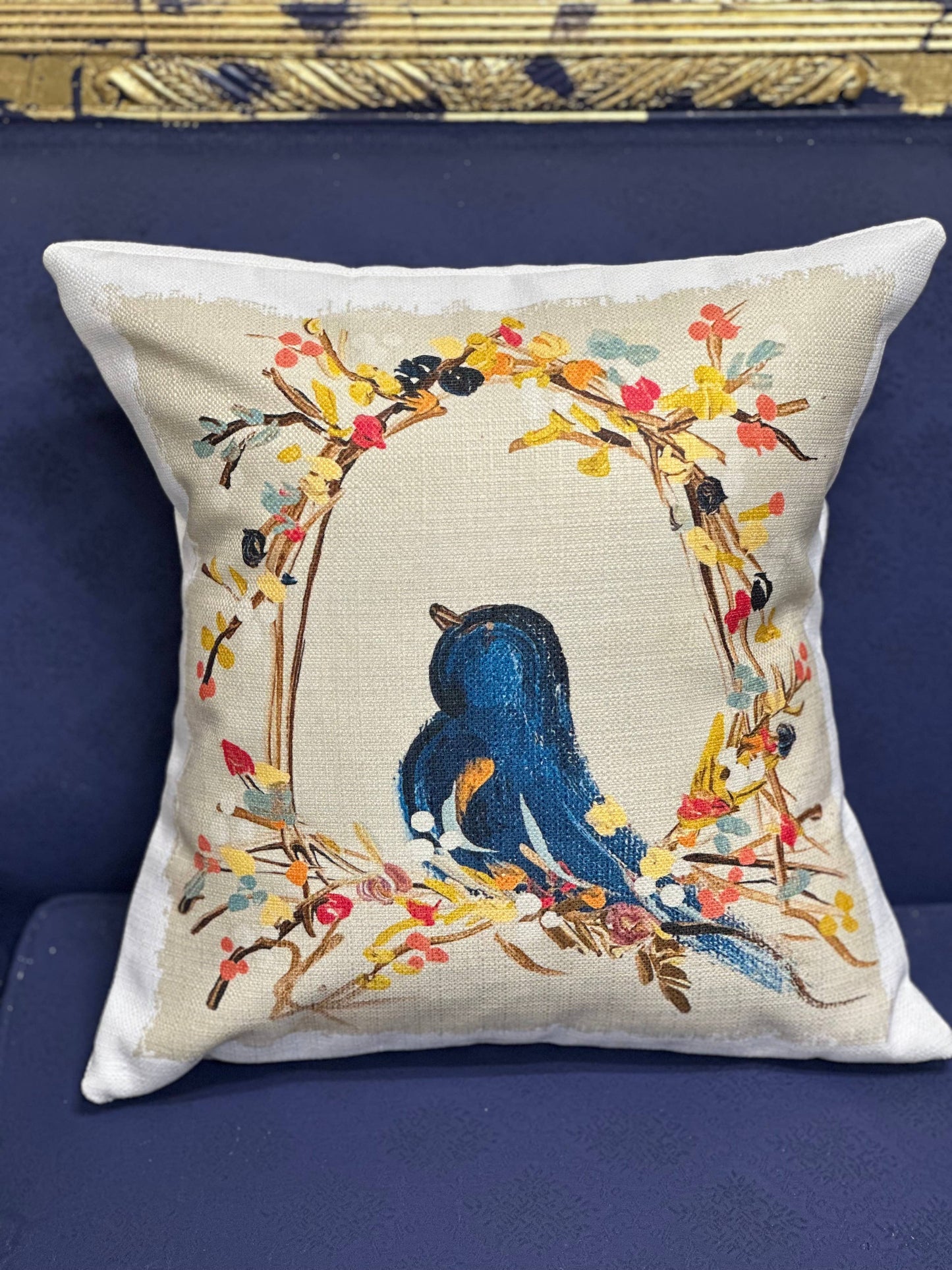 Navy Bird Floral Pillow