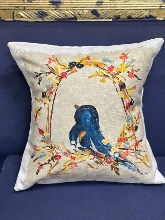 Navy Bird Floral Pillow