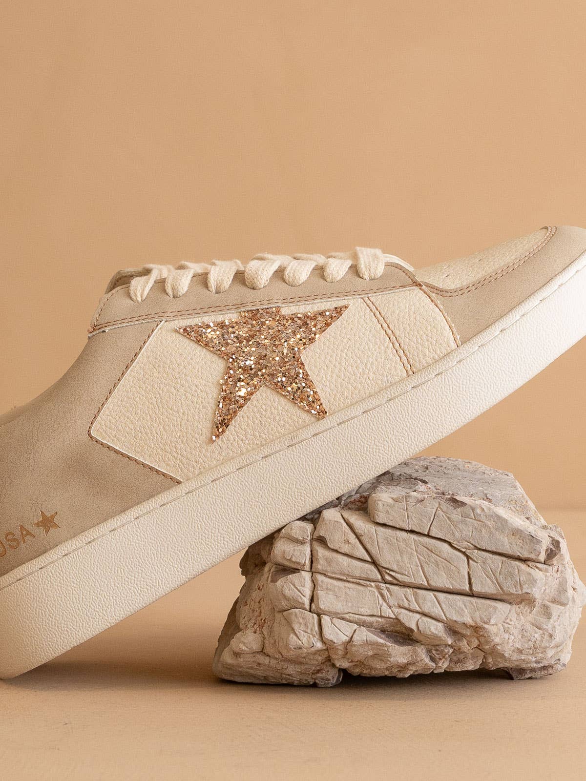 Golden Hour Star Sneakers | Women's Glitter Vegan Leather Low Top Sneakers