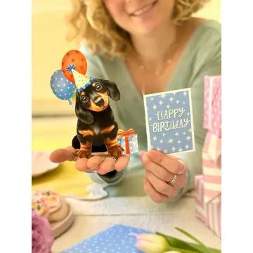 FreshCut Paper Mini Birthday Puppy 3D pop-up greeting card featuring a black and tan dachshund wearing a party hat with colorful birthday balloons and gift.