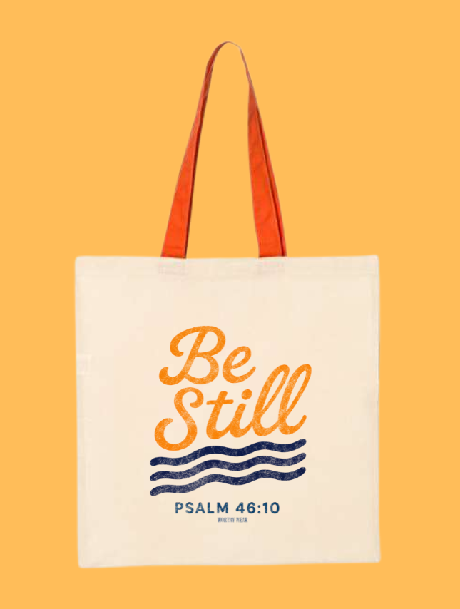 Be Still Psalm 46:10 Christian cotton canvas tote bag in cream orange and navy
