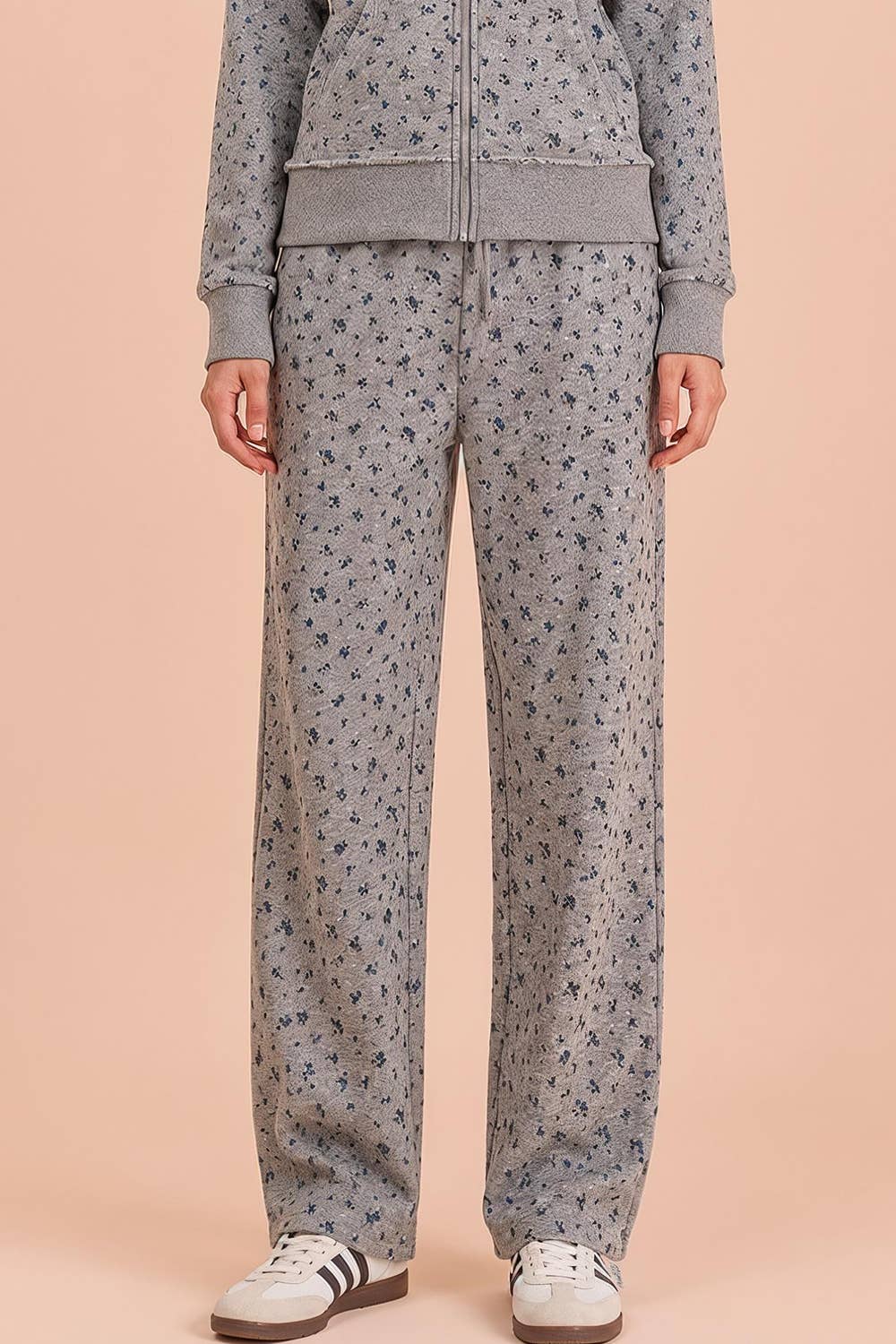 Blue ditsy floral lounge pants with drawstring waistband and side pockets