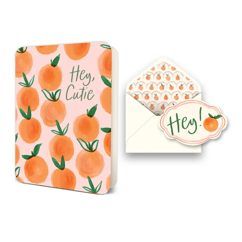Hey Cutie Deluxe Greeting Card with orange citrus artwork, matching lined envelope and decorative Hey seal