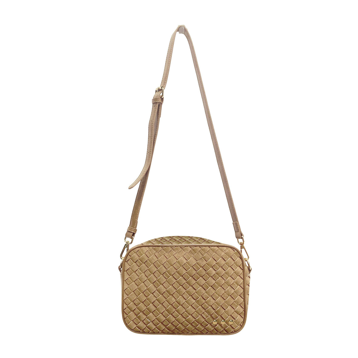 Willow woven faux suede camera crossbody bag in tan with adjustable strap