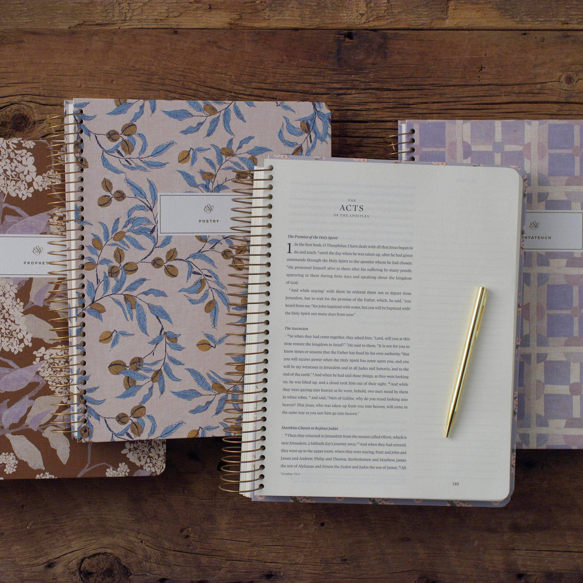 Open spiral-bound ESV Bible lying flat for comfortable reading and writing