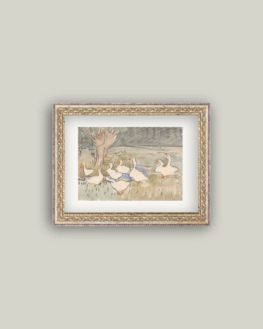 Spring Geese Framed Antique Art: 10X8