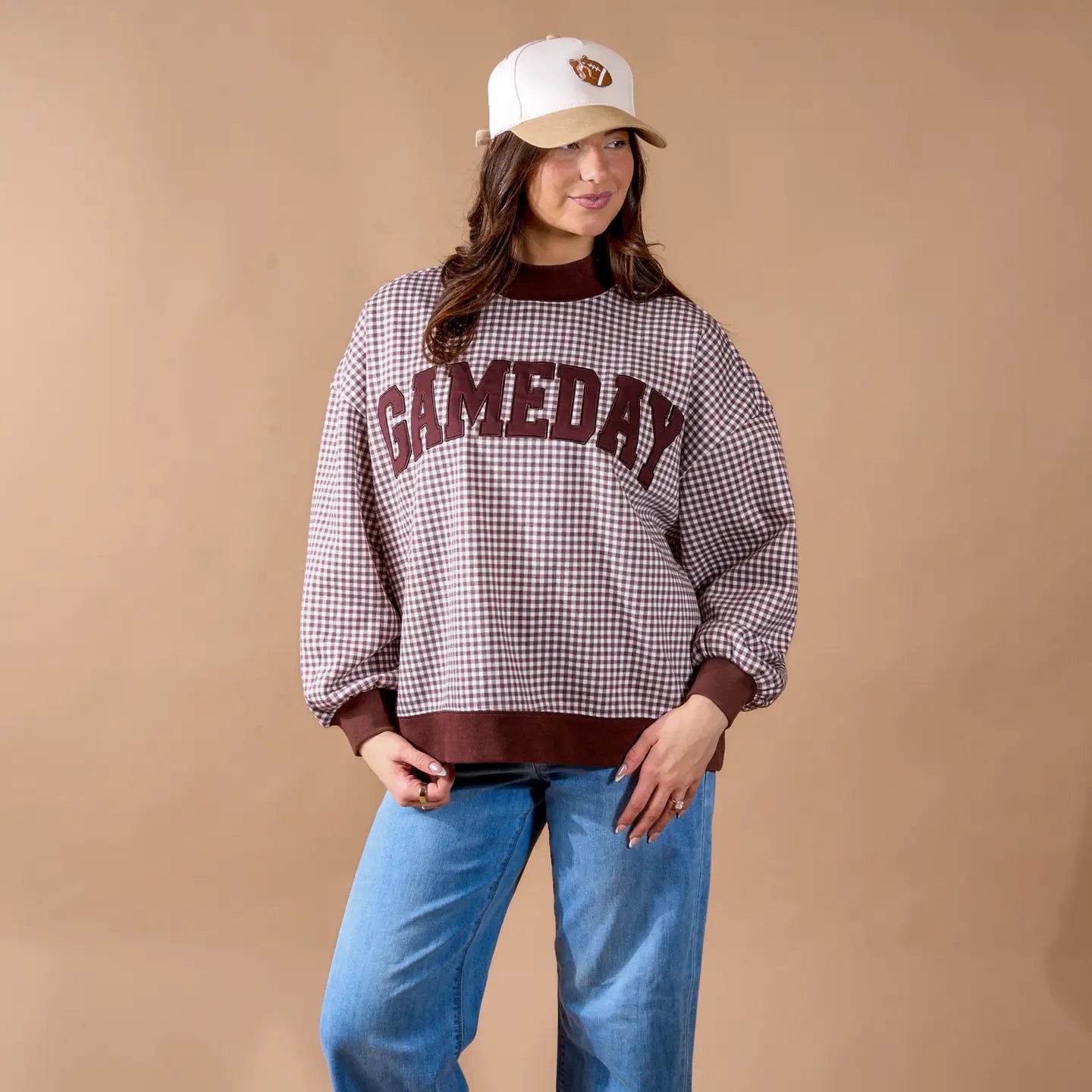 Game Day Brown Gingham Mockneck Sweatshirt