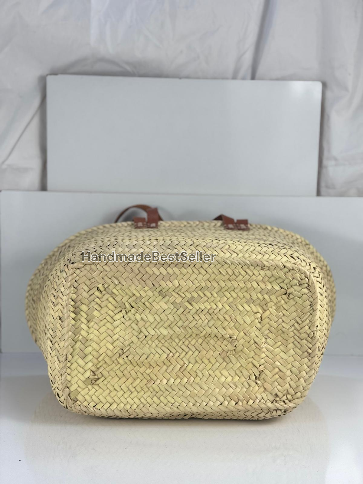 Handmade Square Straw Basket with Leather Handles: Brown