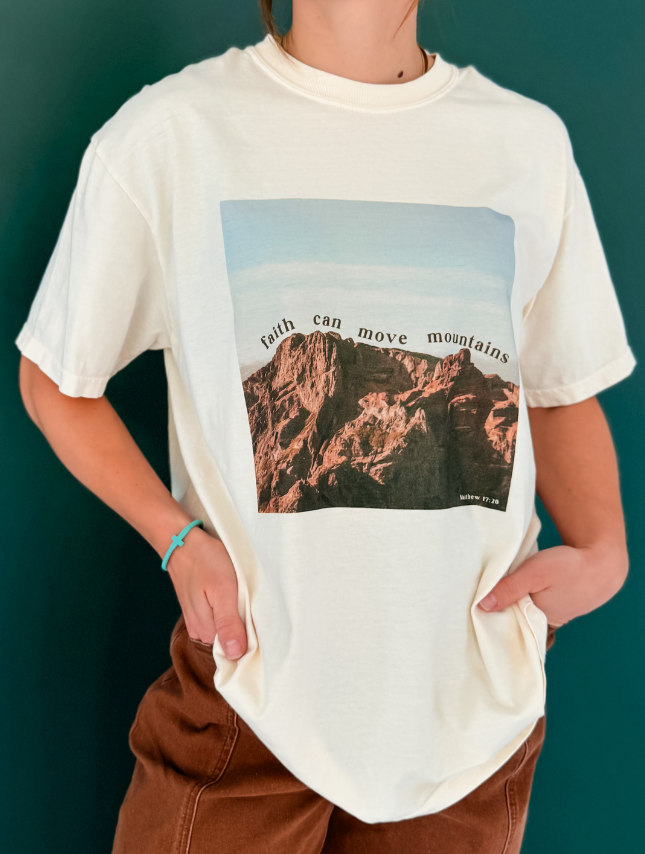 Faith Can Move Mountains Matthew 17:20 Comfort Colors Christian graphic tee close up