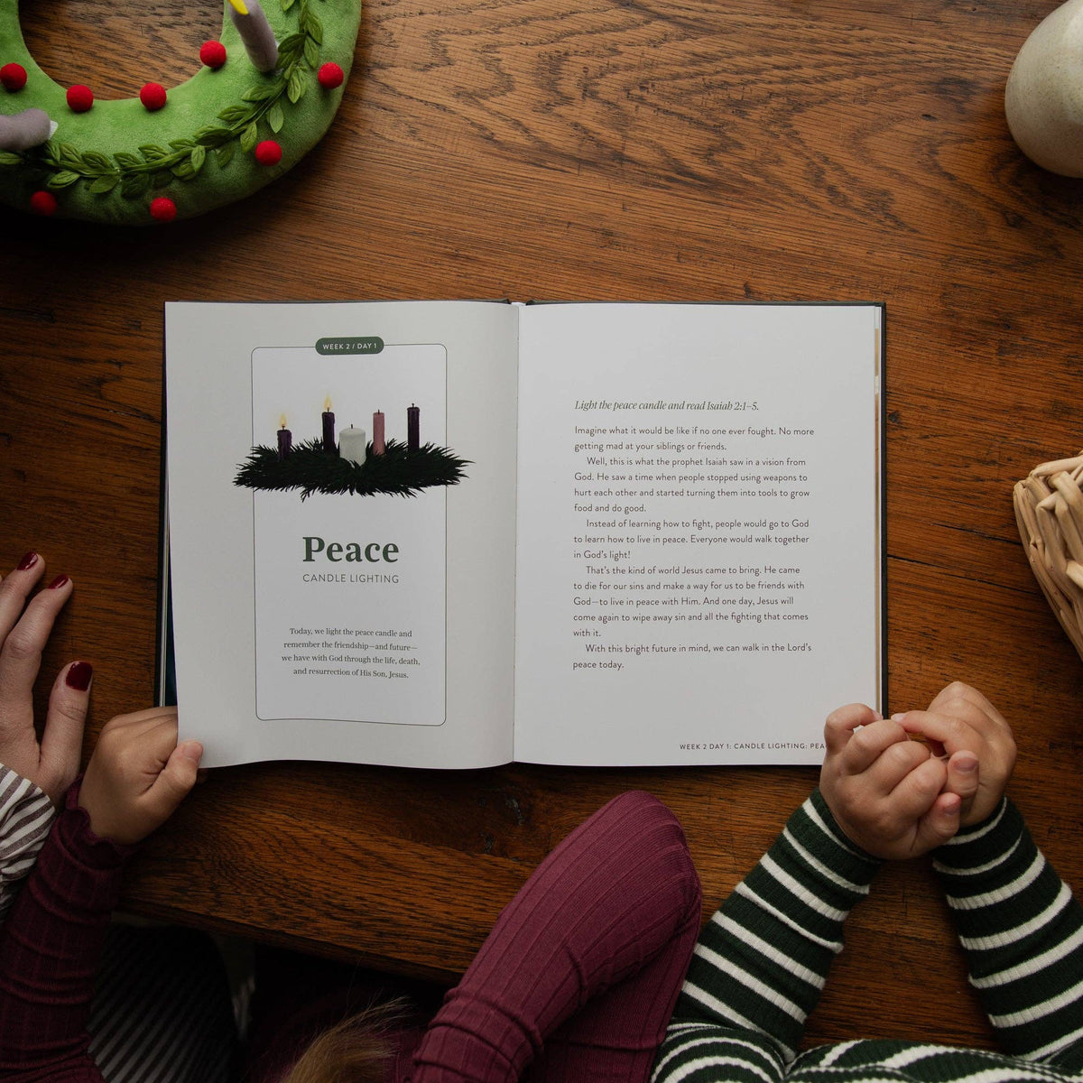 Illustrated Bible story of Mary and Joseph with family discussion questions inside The Advent Storybook Christian Christmas devotional.