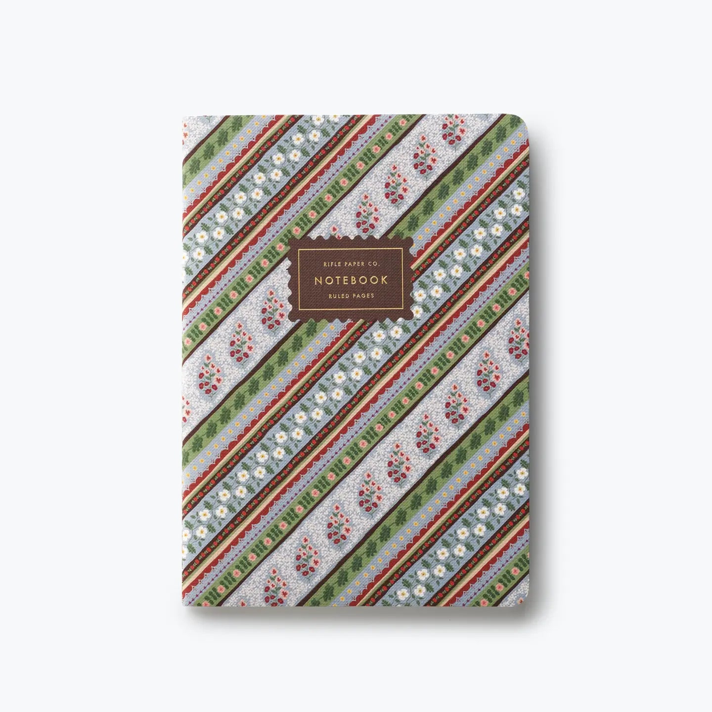Rifle Paper Co. Paisley stitched notebook in Meadow Stripe floral pattern with gold foil label