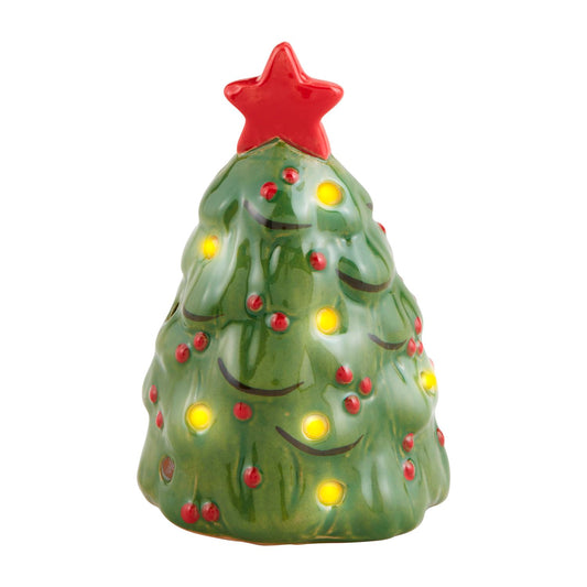 Mud Pie Musical Light-Up Christmas Tree Sitter with glowing LED lights, green ceramic branches and red star topper
