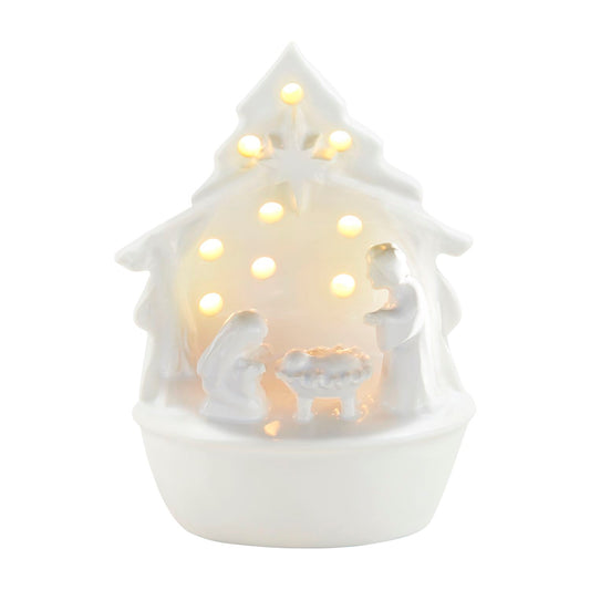Mud Pie Light-Up Nativity Sitter white ceramic Christmas decoration with Mary, Joseph, baby Jesus and glowing LED lights.