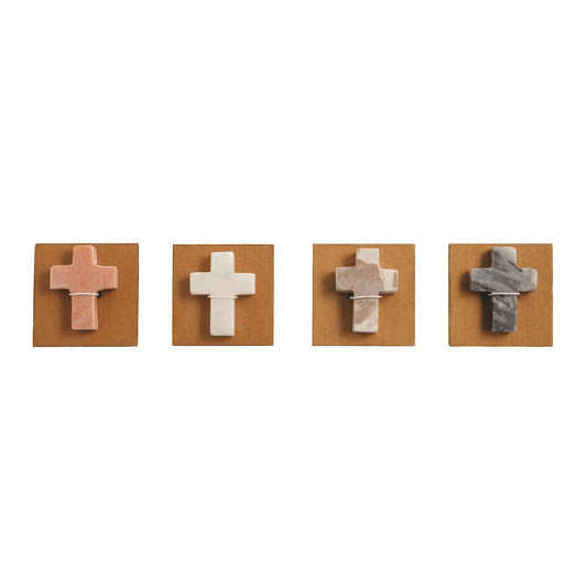 Mud Pie natural marble pocket crosses in assorted blush ivory neutral and gray stone colors