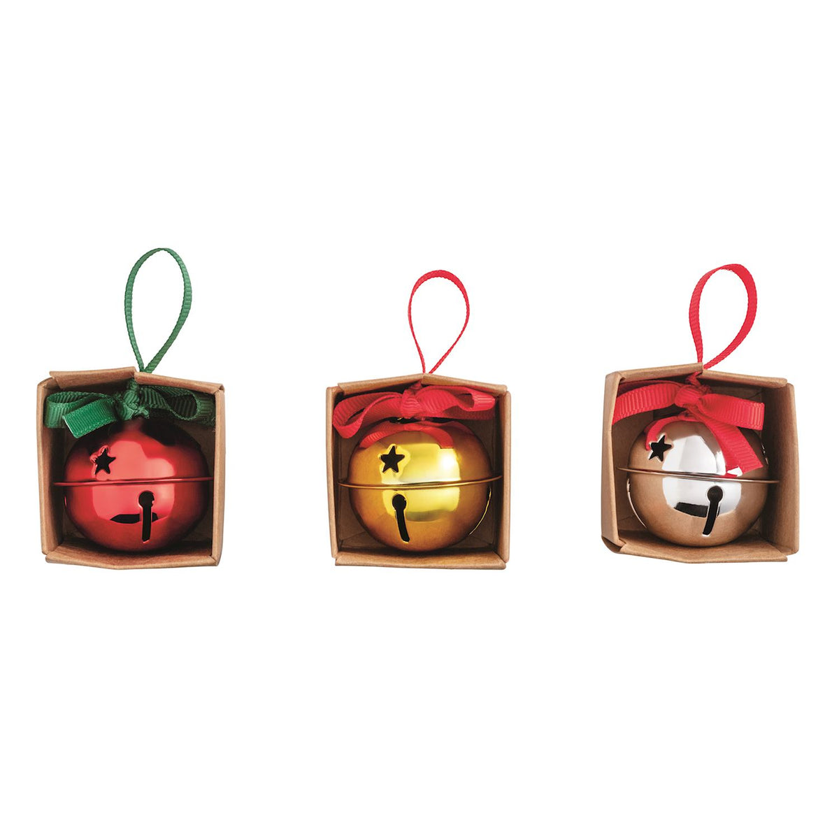 Pocket sleigh bell Christmas ornaments in red, gold and silver with grosgrain ribbon bows