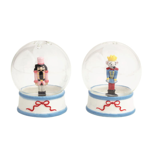 Mud Pie Nutcracker Snow Globe Salt and Pepper Shaker Set with pink Nutcracker soldier and blue Mouse King figurines