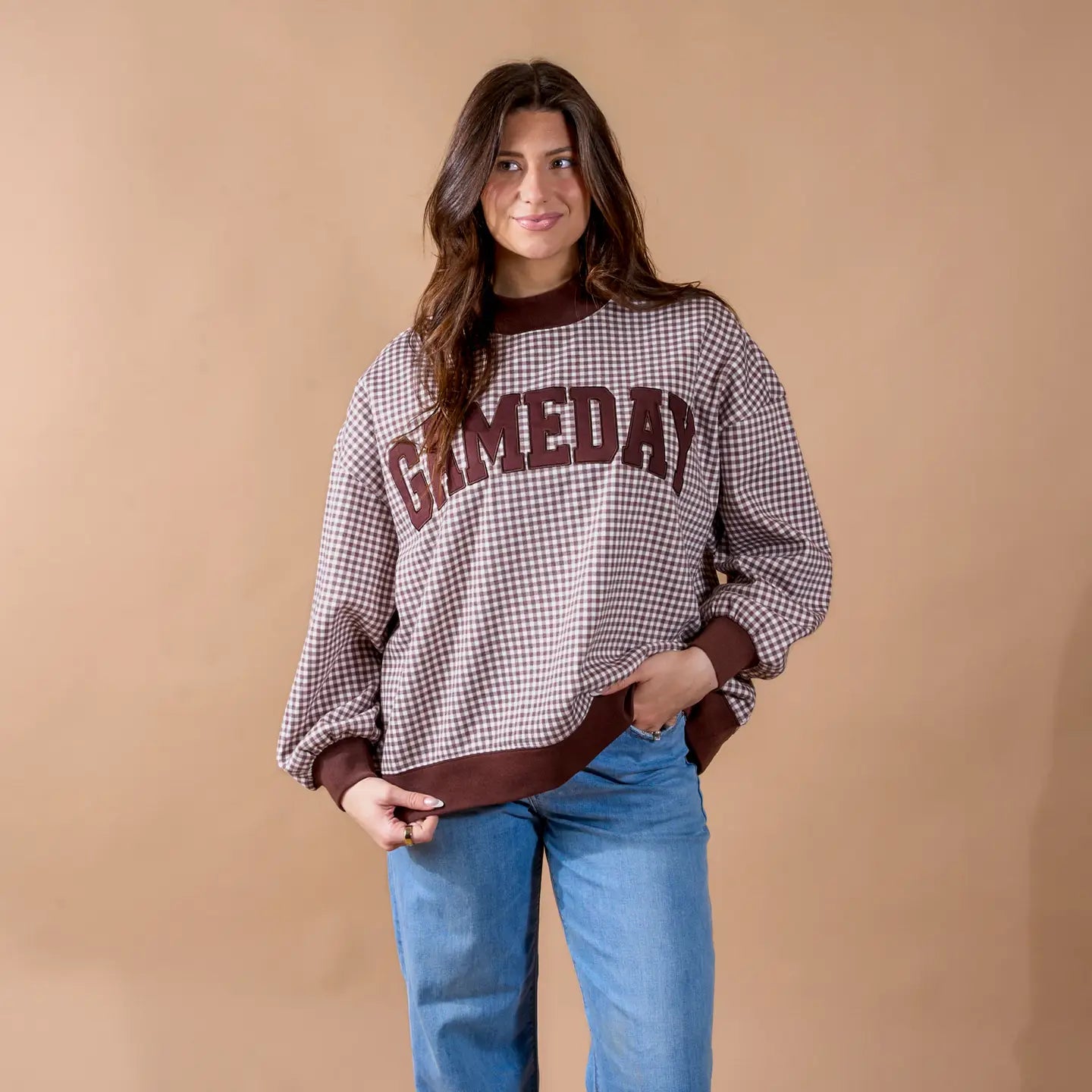 Game Day Brown Gingham Mockneck Sweatshirt