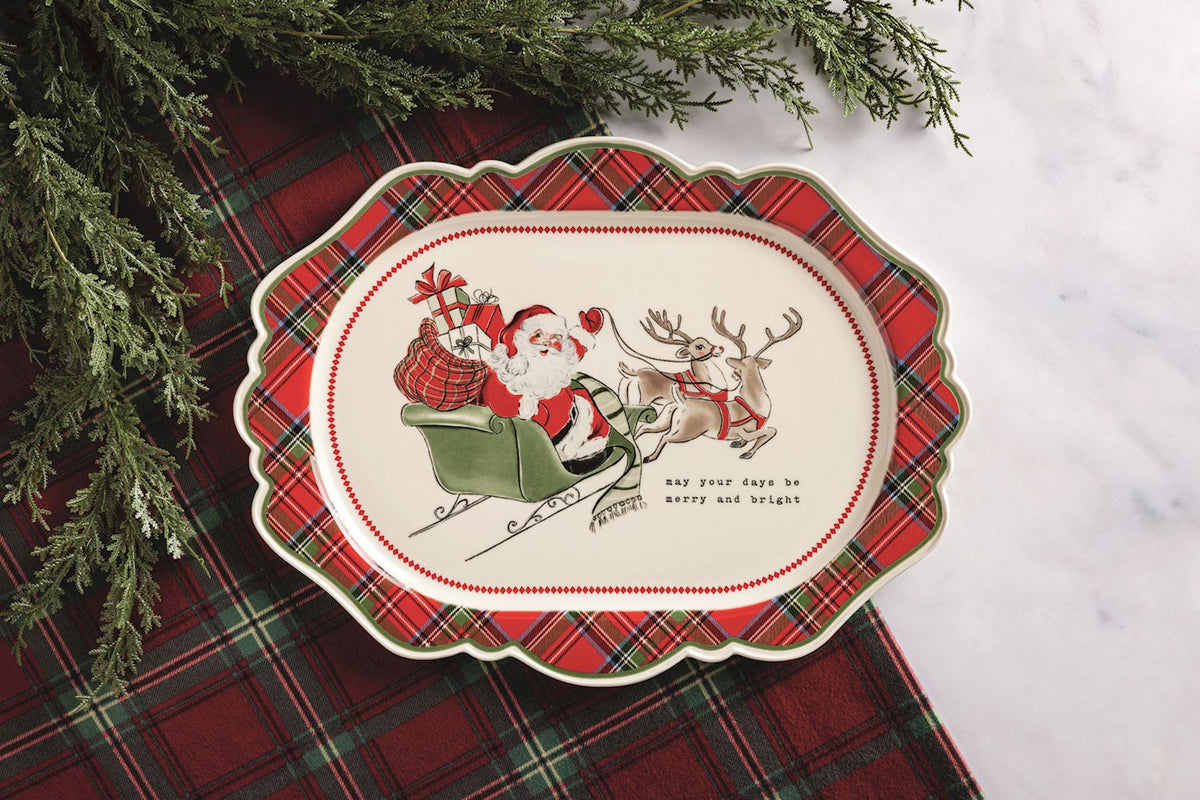 Vintage Santa and reindeer stoneware Christmas serving platter with red and green tartan plaid fluted edge