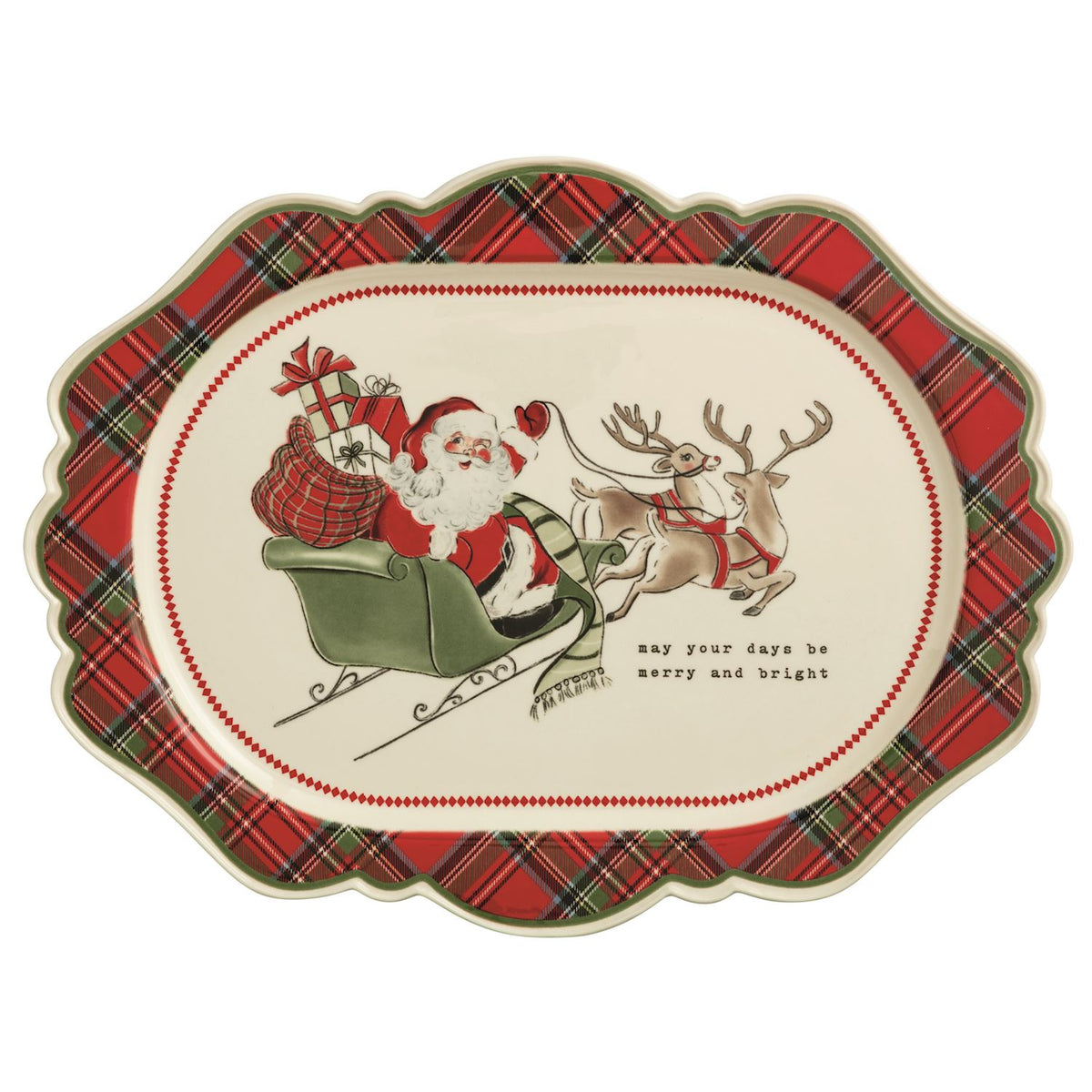 Vintage Santa and reindeer stoneware Christmas serving platter with red and green tartan plaid fluted edge