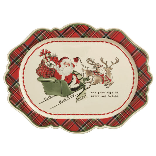 Vintage Santa and reindeer stoneware Christmas serving platter with red and green tartan plaid fluted edge
