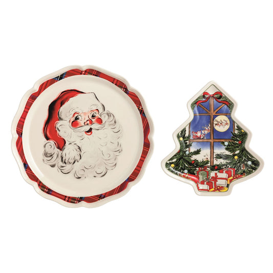 Vintage Santa round stoneware Christmas platter and Christmas tree shaped holiday serving platter by Mud Pie