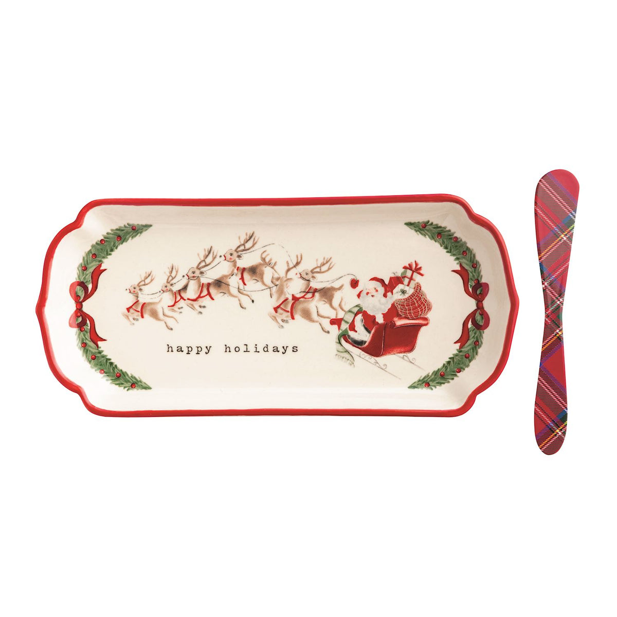 Mud Pie Happy Holidays Christmas serving tray with Santa's sleigh, reindeer and red plaid spreader