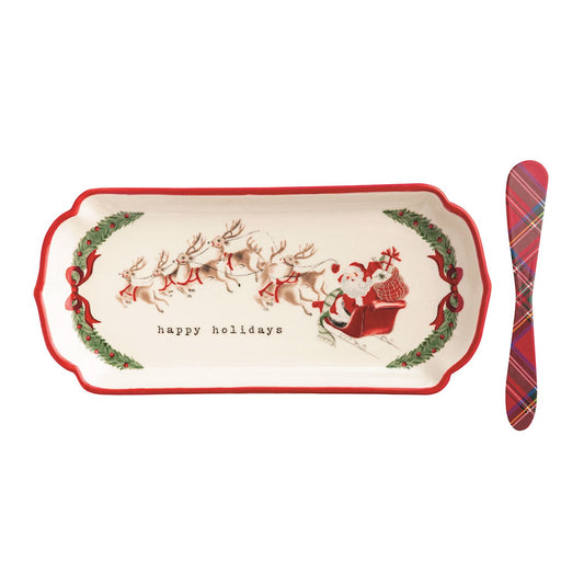 Mud Pie Happy Holidays Christmas serving tray with Santa's sleigh, reindeer and red plaid spreader