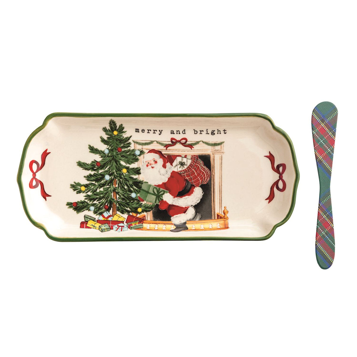 Mud Pie Merry and Bright Christmas stoneware tray with Santa, Christmas tree and green plaid spreader