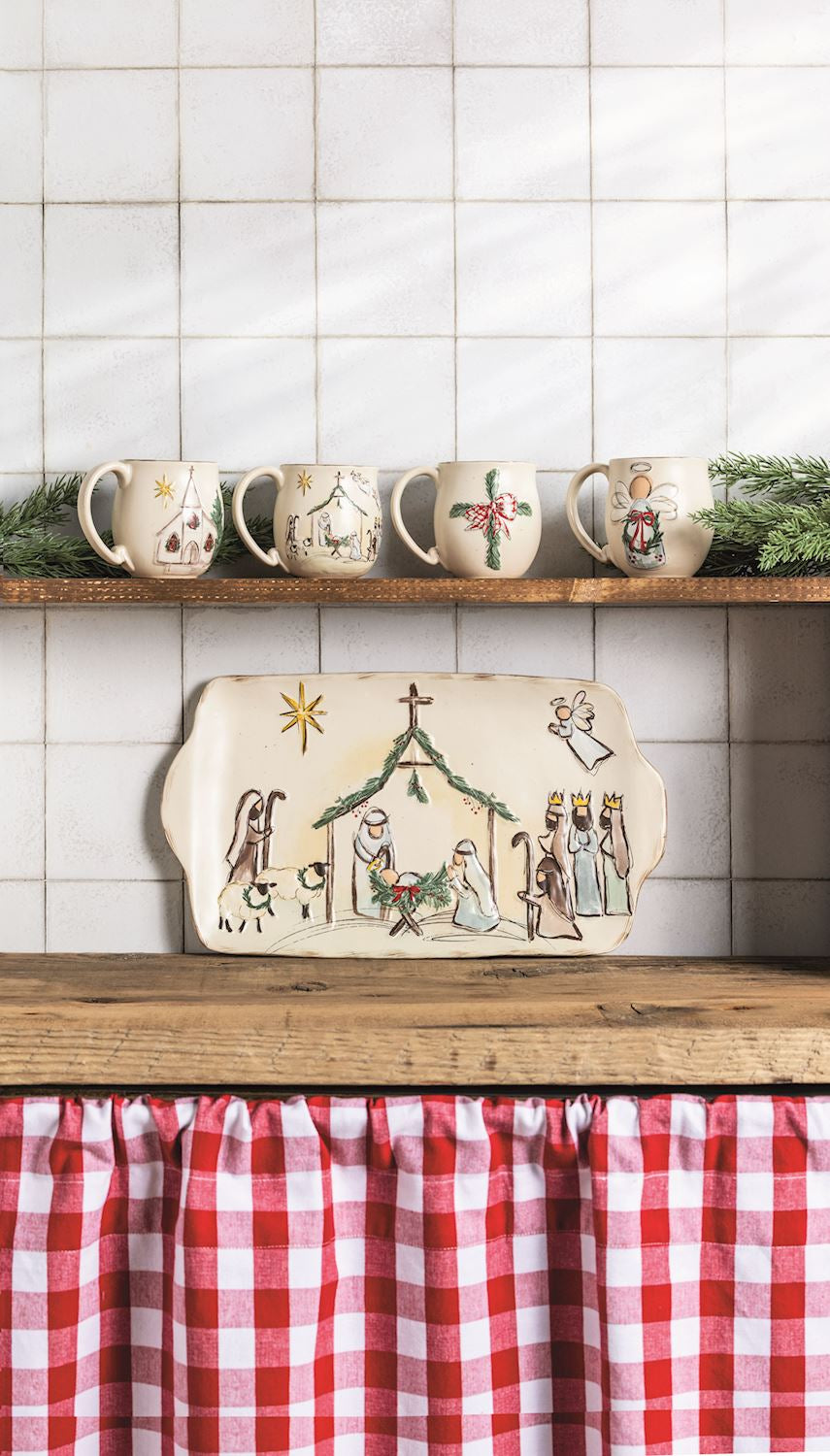 Mud Pie hand-painted Nativity Christmas serving platter in cream speckled stoneware with Mary, Joseph, baby Jesus and wise men