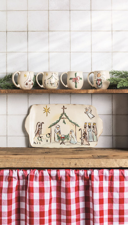 Mud Pie hand-painted Nativity Christmas serving platter in cream speckled stoneware with Mary, Joseph, baby Jesus and wise men